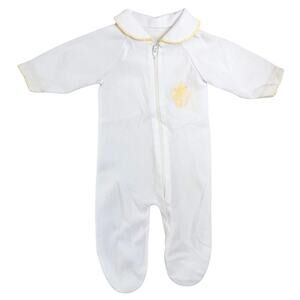 Vintage Baby Footed Sleeper White Yellow Embroidery Peter Pan Zip Pajamas NB